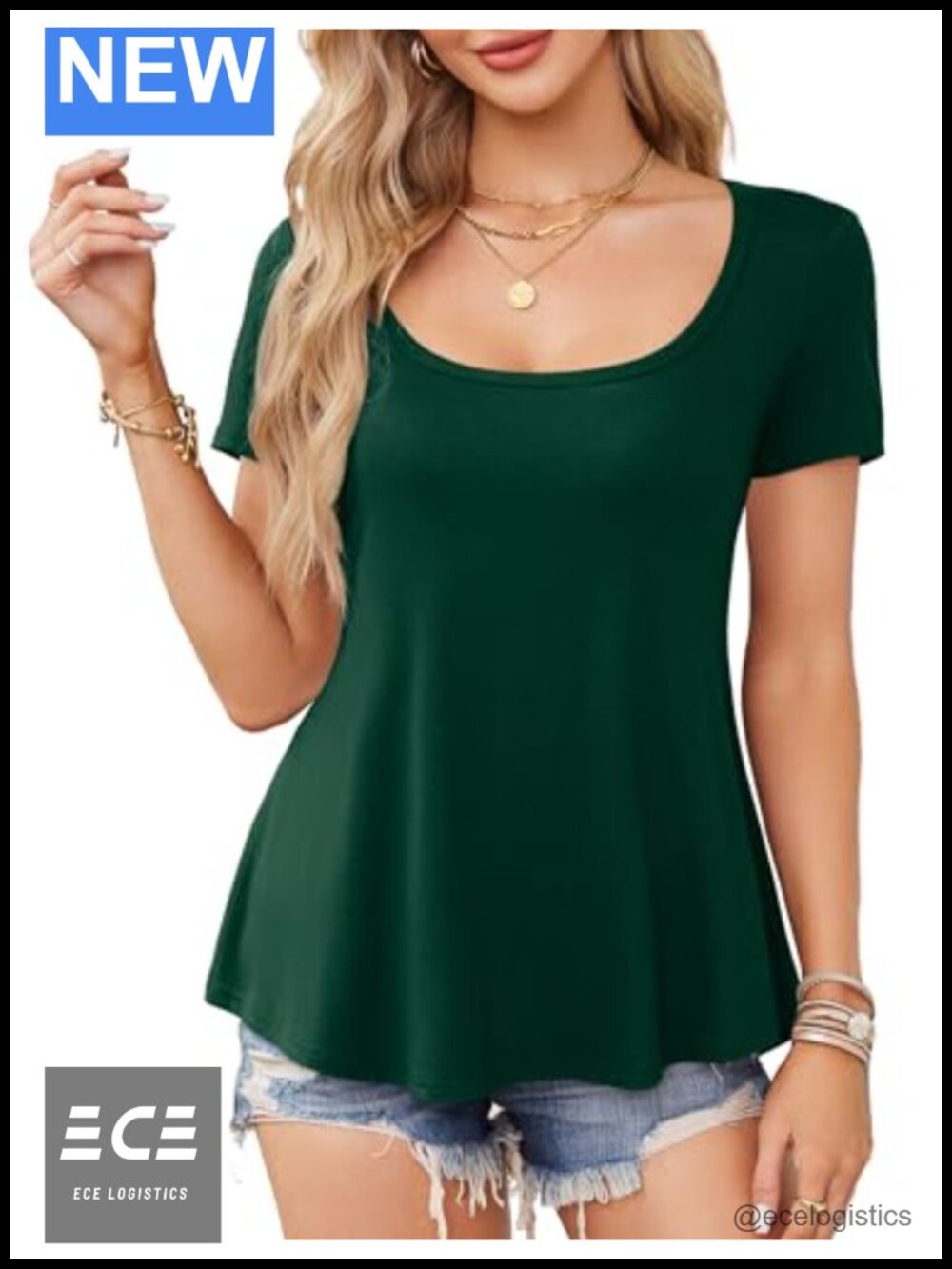 Womens Scoop Neck Short Sleeve Swing Tunic T-Shirt Loose Fit Tee